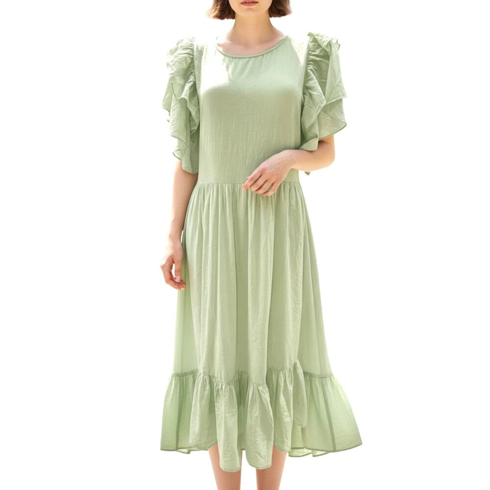 THE GREAT The Jig Dress Women's Small 1 Sage Tiered Ruffle Cottagecore Midi NWT